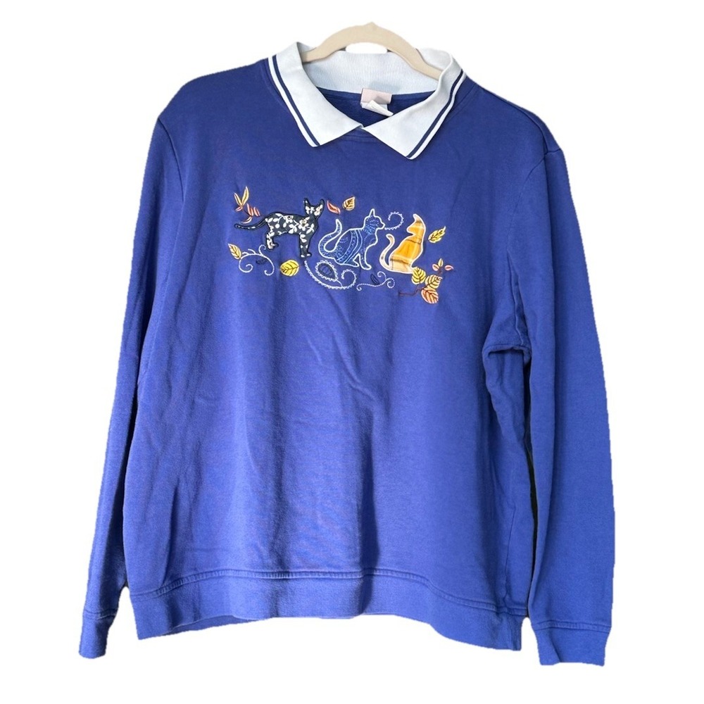 Adrian Delafield Cat Lover Sweatshirt Women XL Blue Collared Grandmacore Cottage